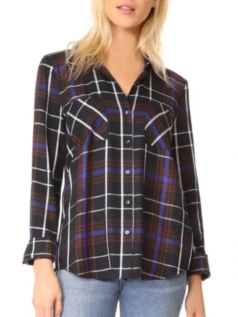 L'AGENCE Denise Plaid L/S Button Up w/ Contrast Sheer Black Silk Back NWOT/sz L